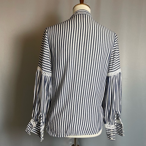 Ann Taylor Navy White Striped Balloon Sleeve Top Blouse - Size XXSP - Picture 7 of 15